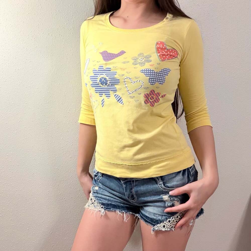 Old Navy Yellow Graphic 3/4 Sleeve Top T-Shirt Size XL 2008 Spring